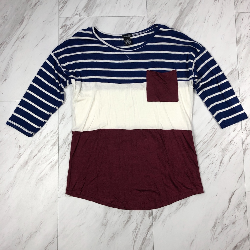 Maroon and Navy Striped Color Block Raglan